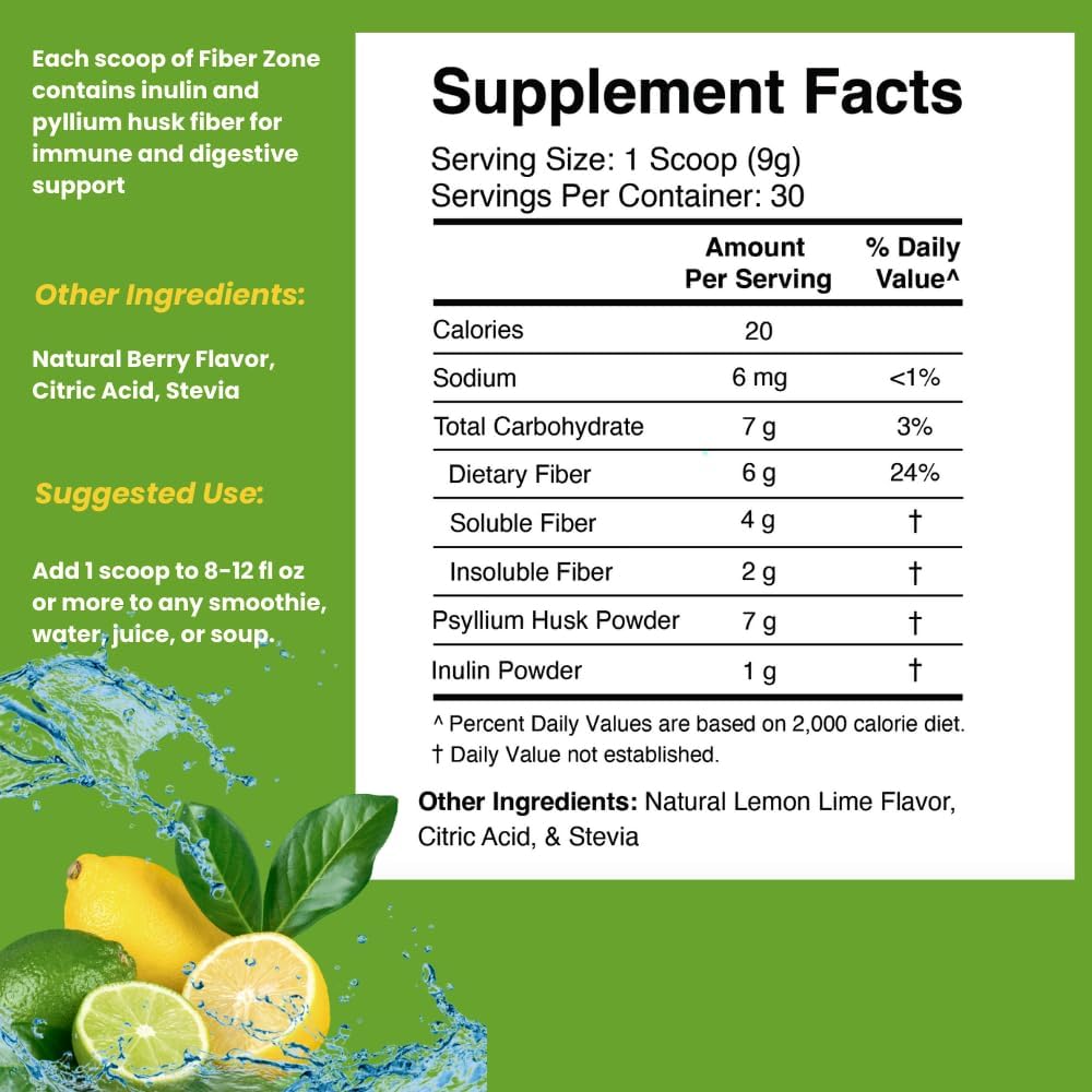 Dr Colbert MD Fiber Zone Powder | Lemon-Lime Flavor | Prebiotics & Fiber Blend | Psyllium Husk & Inulin | 6g Fiber | Healthy Gut Support