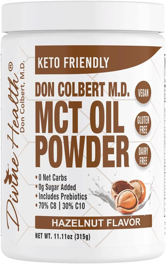 Dr. Colbert MD Hazelnut MCT Oil Powder | Keto Zone Diet Book Recommended | 70% C8 30% C10 | 0 Net Carbs | Coffee Creamer Alternative