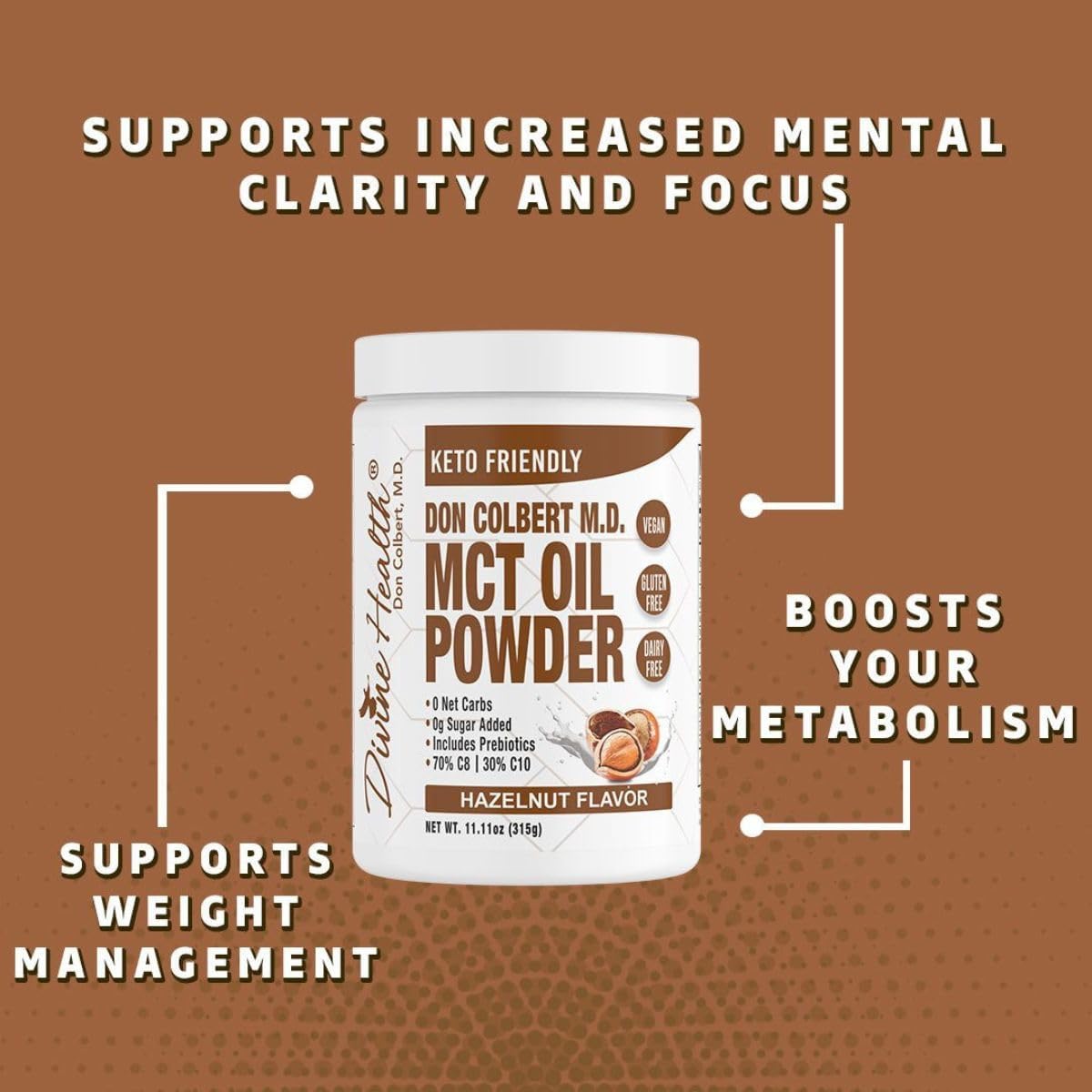 Dr. Colbert MD Hazelnut MCT Oil Powder | Keto Zone Diet Book Recommended | 70% C8 30% C10 | 0 Net Carbs | Coffee Creamer Alternative