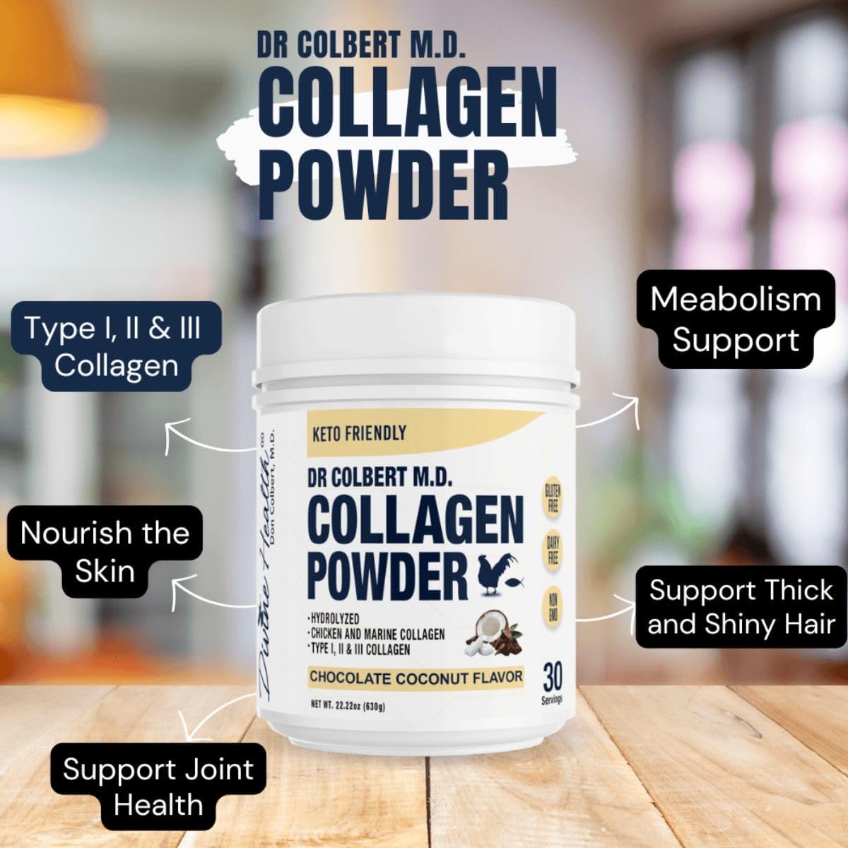 Dr. Colbert MD Hydrolyzed Collagen Powder - Chocolate Coconut Flavor | Type I, II, III Peptides for Healthy Hair, Skin, Nails | Keto Zone Supplement - BoostGo Australia