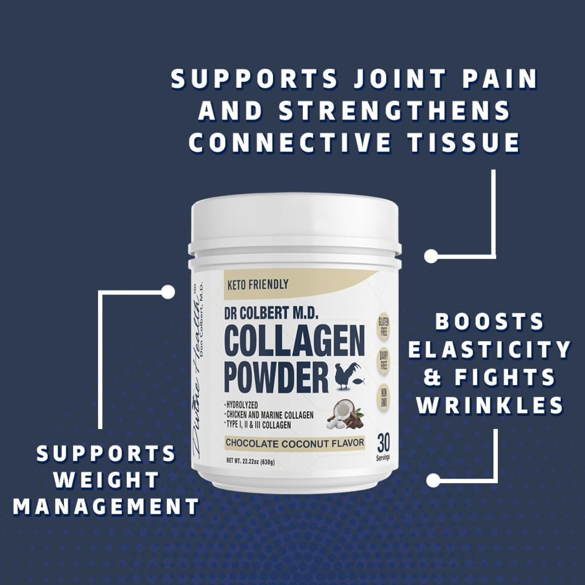 Dr. Colbert MD Hydrolyzed Collagen Powder - Chocolate Coconut Flavor | Type I, II, III Peptides for Healthy Hair, Skin, Nails | Keto Zone Supplement - BoostGo Australia
