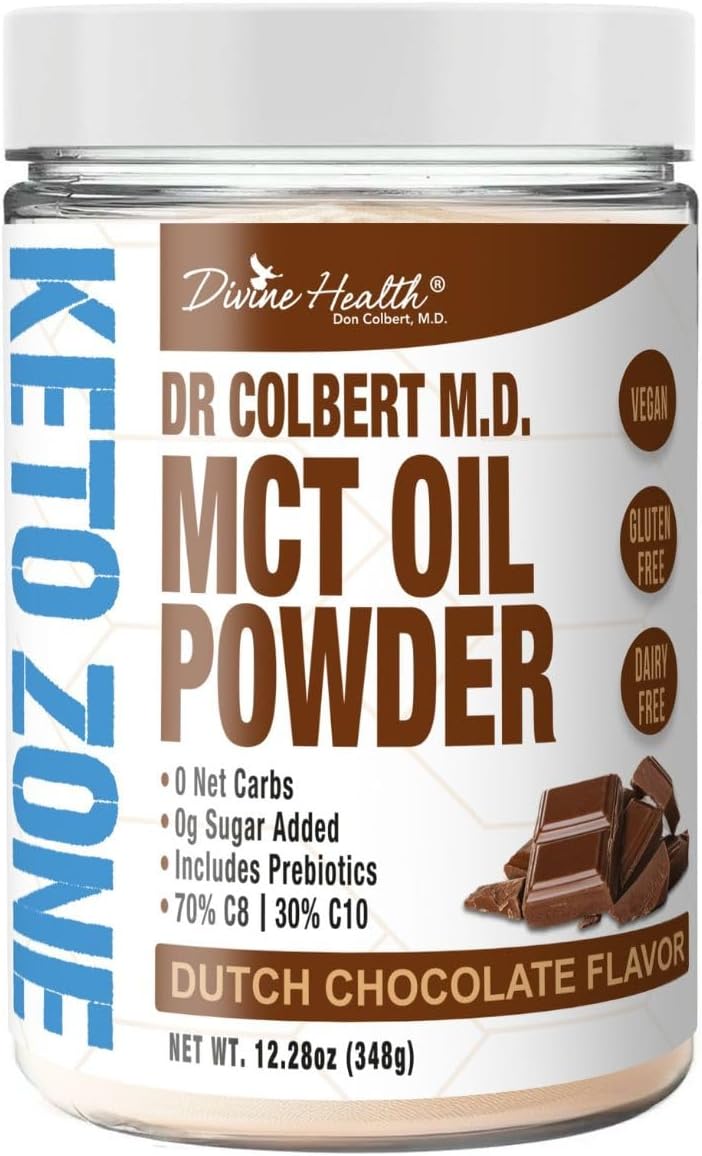 Dr. Colbert's Keto Zone MCT Oil Powder - Dutch Chocolate Flavor - 70% C8 - 30% C10 - All Natural Keto Approved - 0 Net Carbs - Gluten Free - 30 Day Supply - 348g