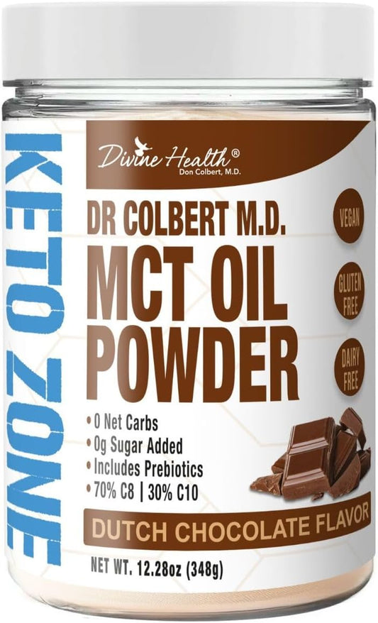 Dr. Colbert's Keto Zone MCT Oil Powder - Dutch Chocolate Flavor - 70% C8 - 30% C10 - All Natural Keto Approved - 0 Net Carbs - Gluten Free - 30 Day Supply - 348g