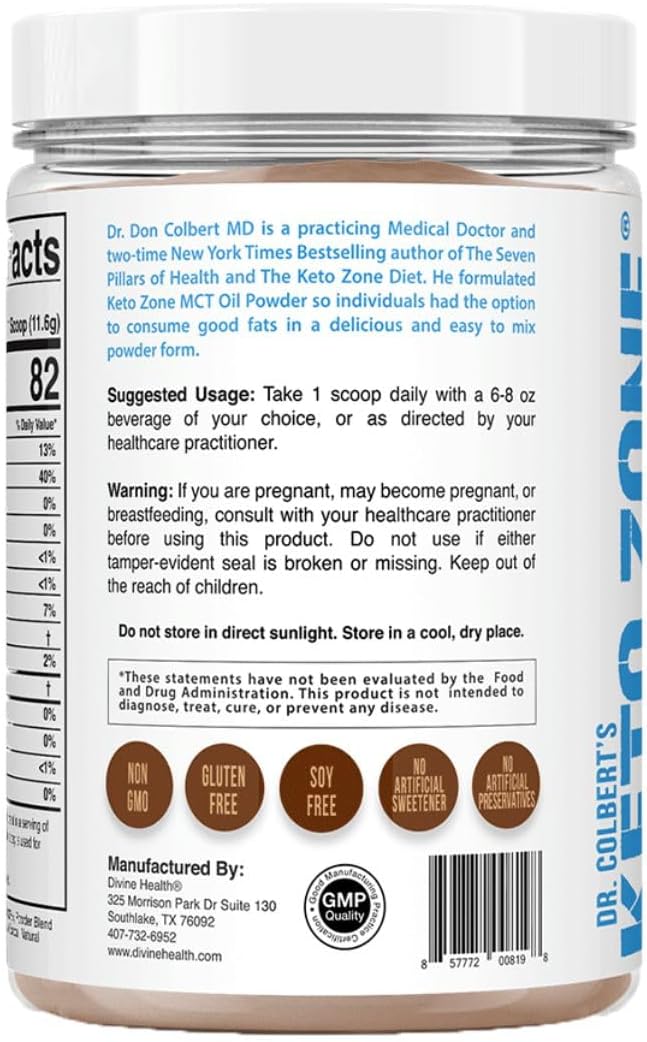 Dr. Colbert's Keto Zone MCT Oil Powder - Dutch Chocolate Flavor - 70% C8 - 30% C10 - All Natural Keto Approved - 0 Net Carbs - Gluten Free - 30 Day Supply - 348g