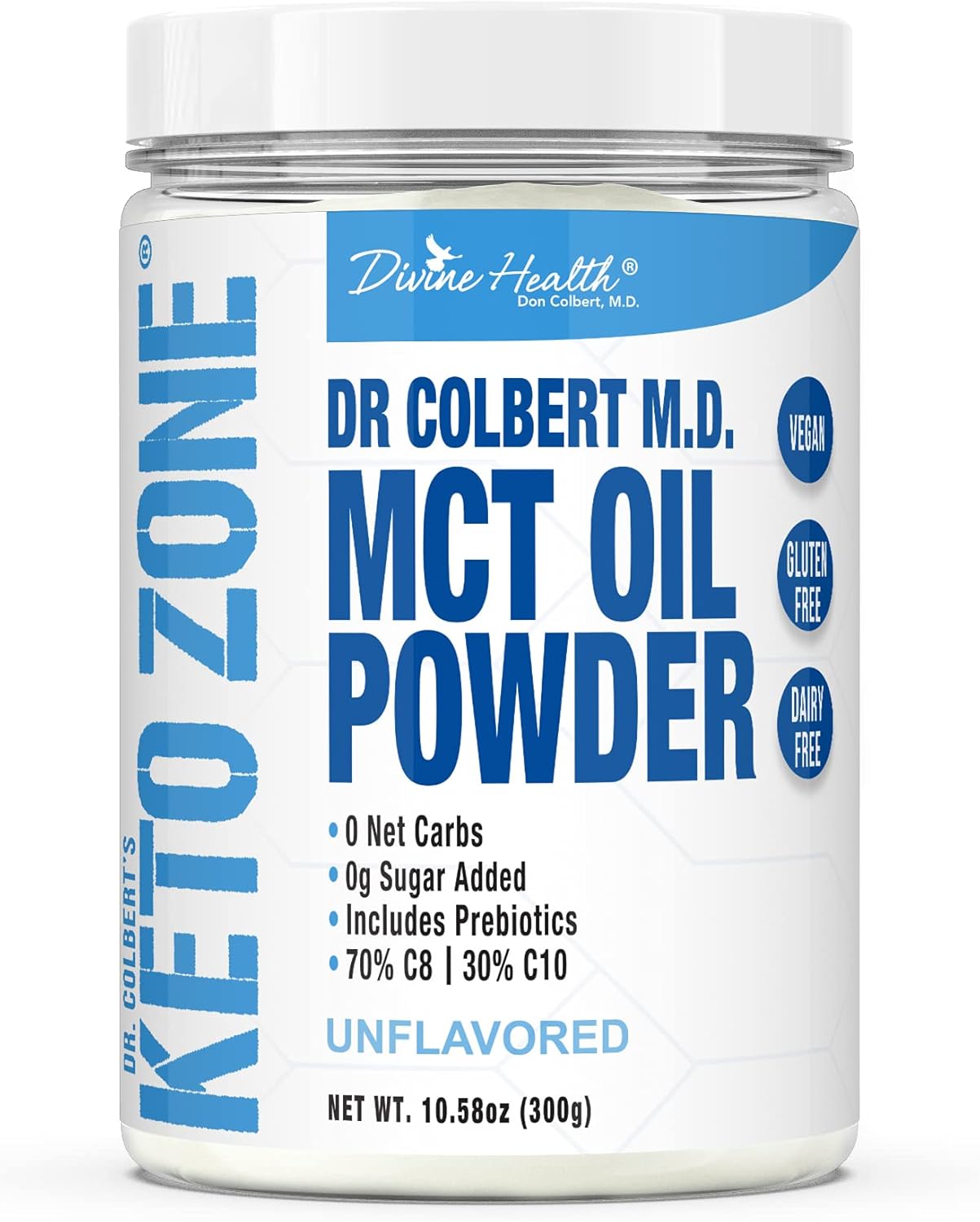 Dr. Colbert's Keto Zone MCT Oil Powder - Unflavored - 70% C8, 30% C10 - Zero Net Carbs - 30 Day Supply - 300g