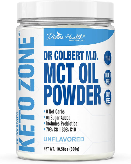 Dr. Colbert's Keto Zone MCT Oil Powder - Unflavored - 70% C8, 30% C10 - Zero Net Carbs - 30 Day Supply - 300g