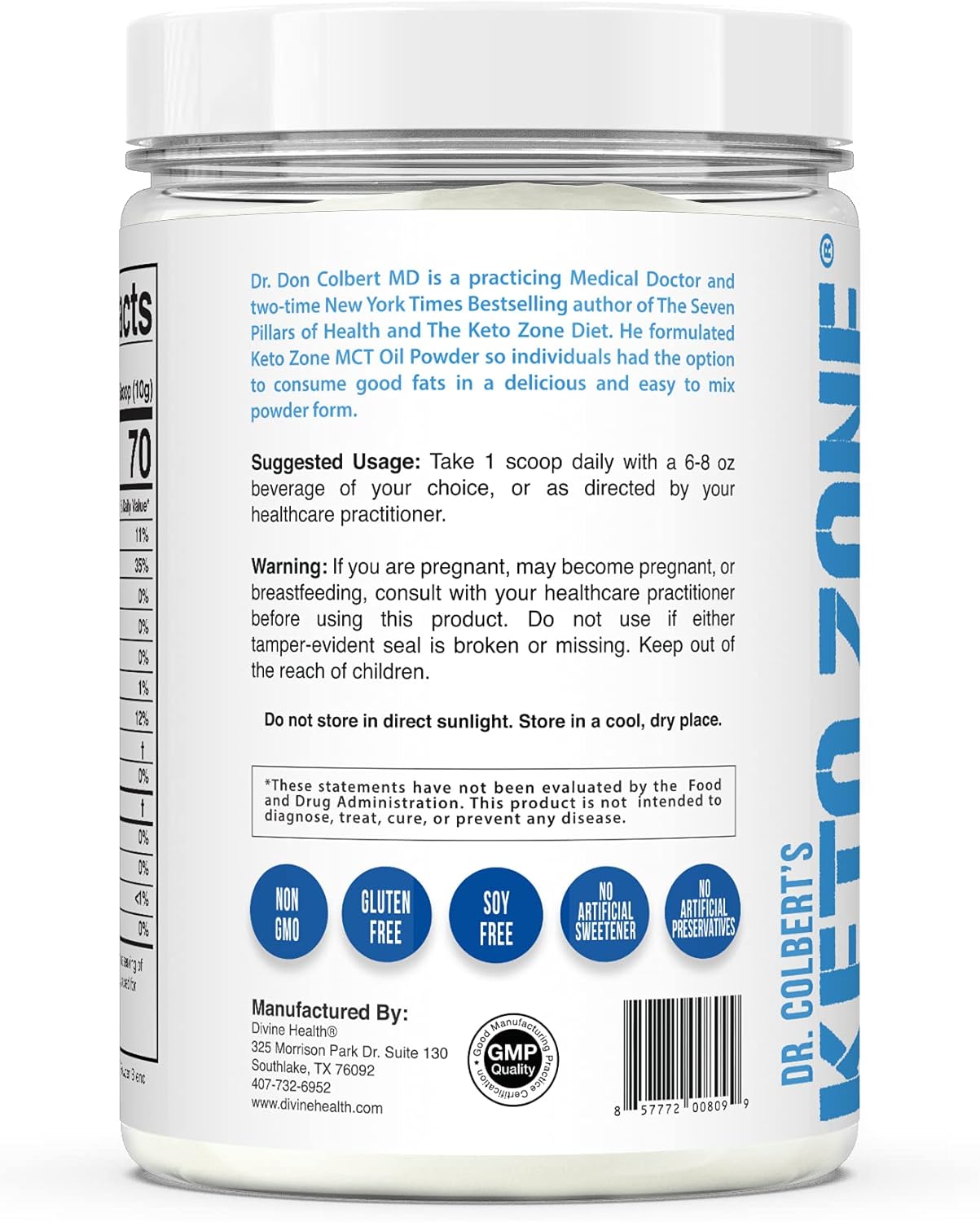 Dr. Colbert's Keto Zone MCT Oil Powder - Unflavored - 70% C8, 30% C10 - Zero Net Carbs - 30 Day Supply - 300g