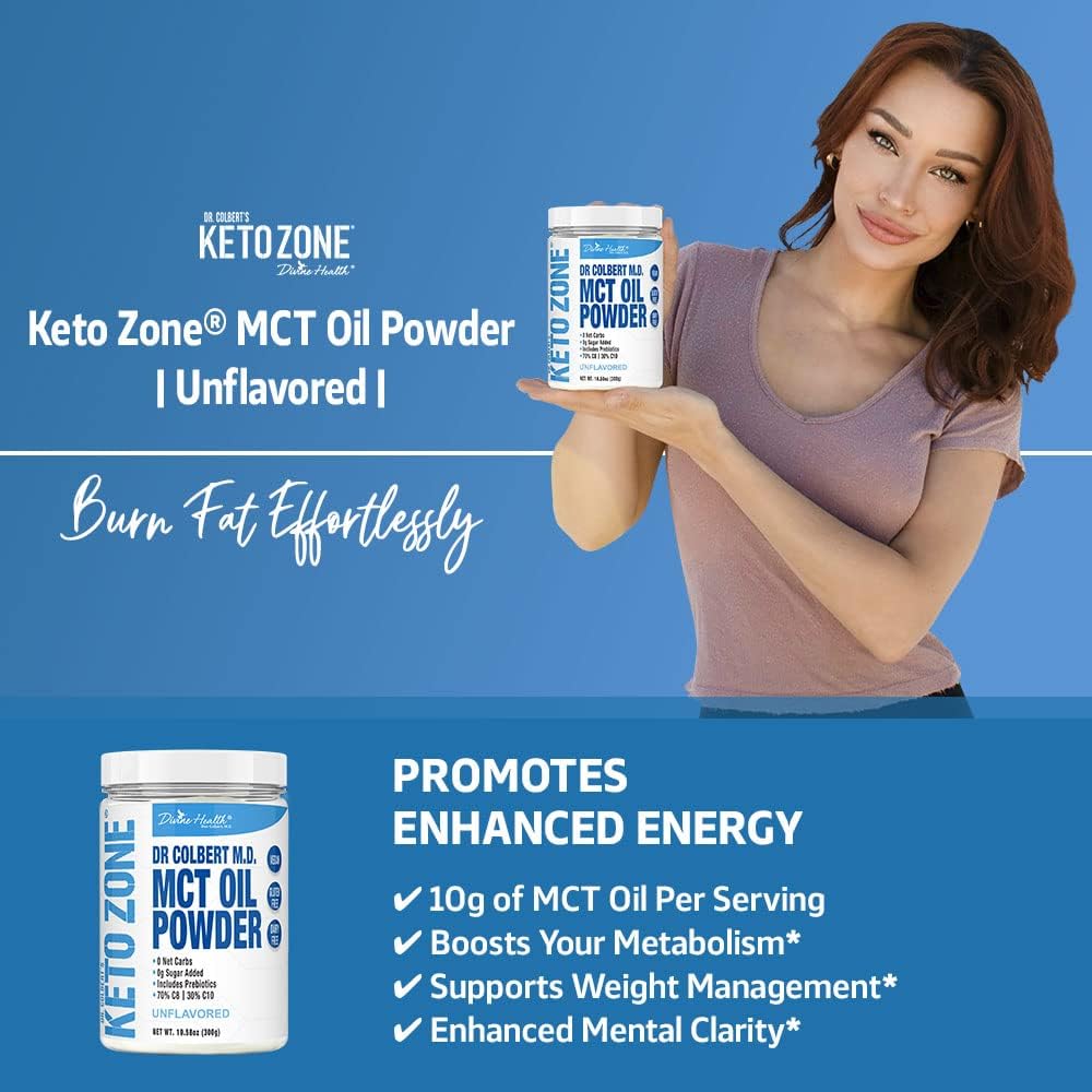 Dr. Colbert's Keto Zone MCT Oil Powder - Unflavored - 70% C8, 30% C10 - Zero Net Carbs - 30 Day Supply - 300g