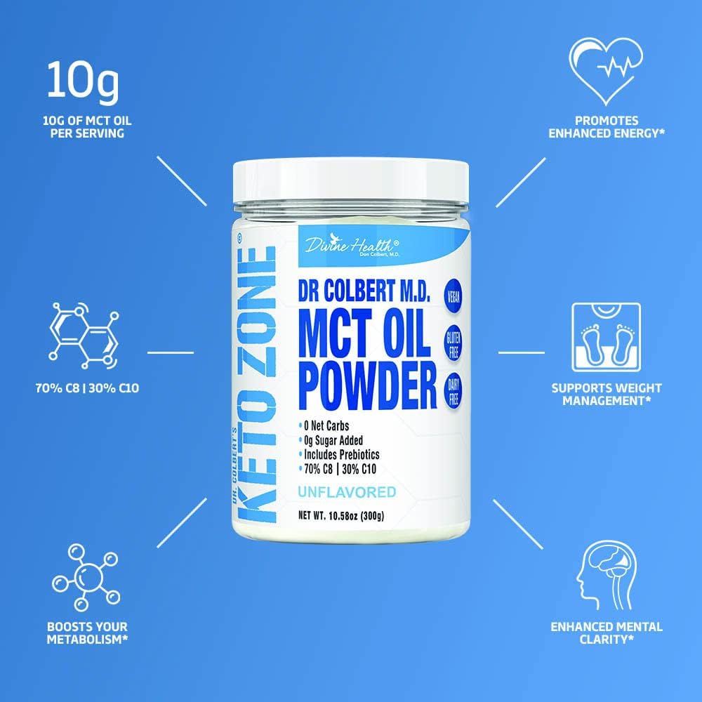 Dr. Colbert's Keto Zone MCT Oil Powder - Unflavored - 70% C8, 30% C10 - Zero Net Carbs - 30 Day Supply - 300g