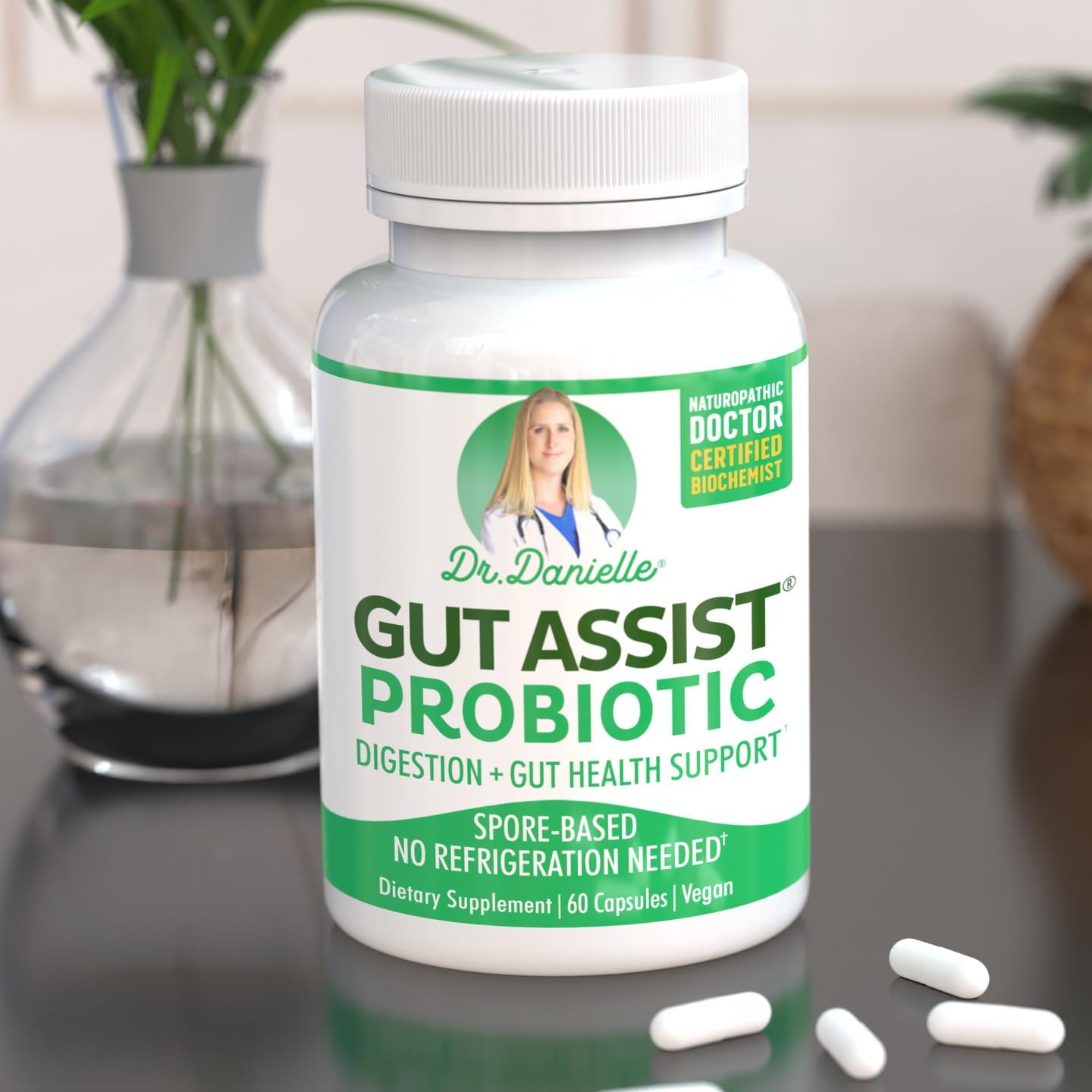Dr. Danielle Gut Assist Probiotic Capsules - Shelf Stable Supplement for Men and Women - Bacillus Probiotics - 60 Count