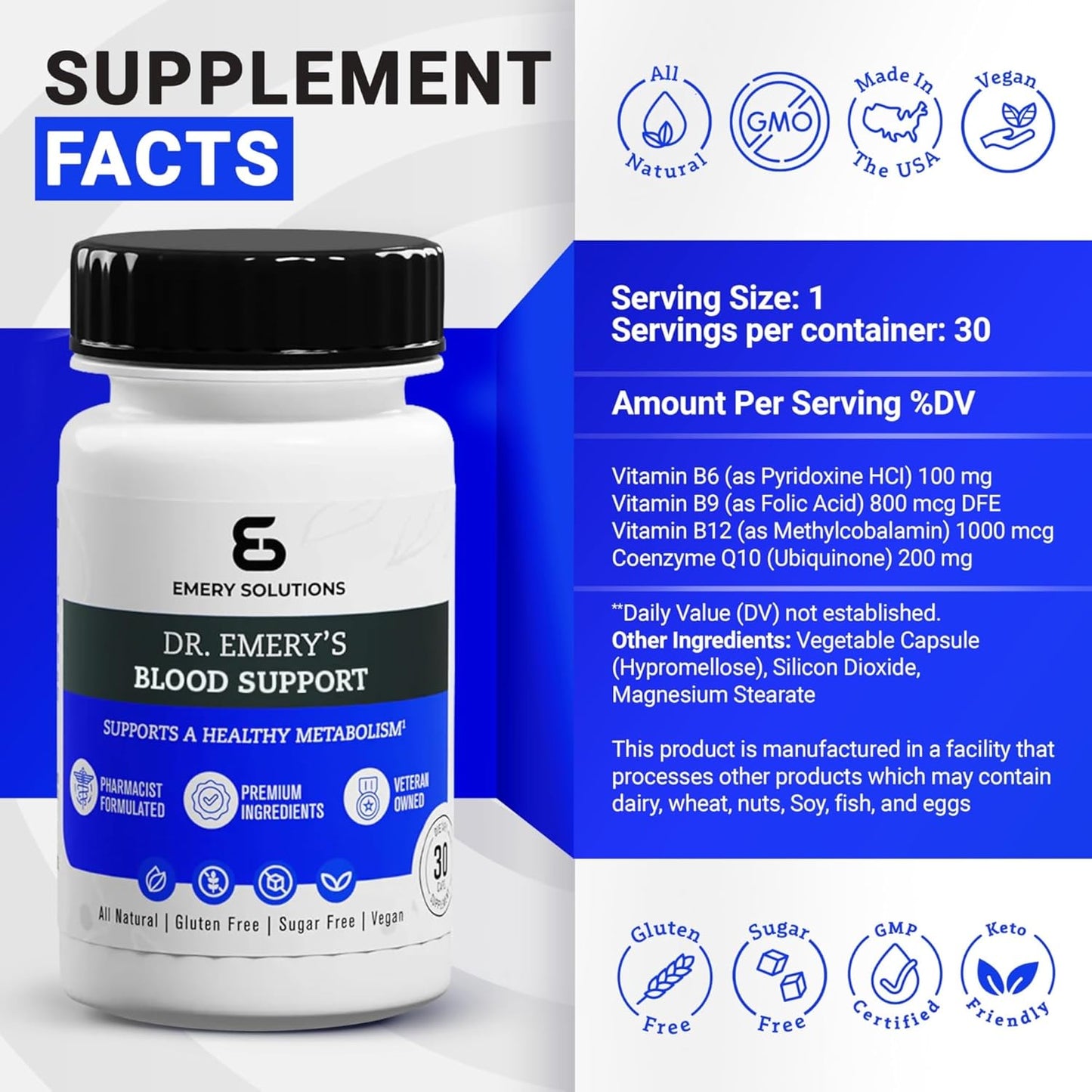 Dr. Emery's Blood Support Capsules - Natural, Non GMO, Keto Friendly Formula with CoQ10, B6, B9, B12 - 30 Count