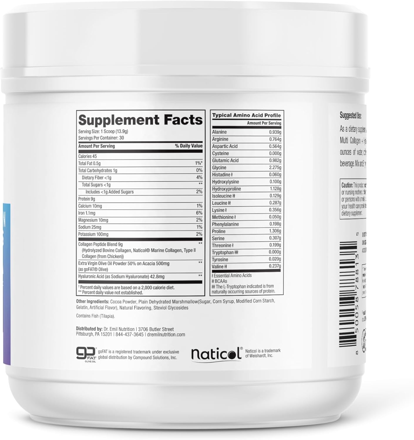 Dr. Emil Multi Collagen Peptides Plus with Hyaluronic Acid - Peppermint Hot Cocoa Flavor for Skin, Hair, Nails & Joint Support - 9g Collagen/serving