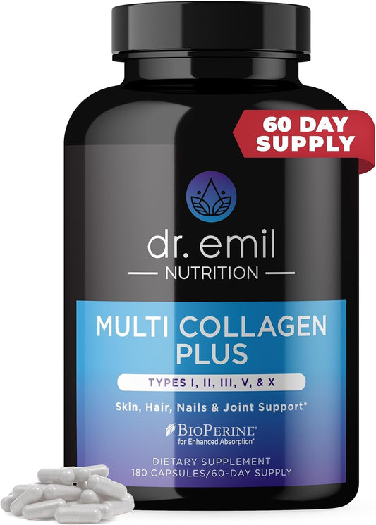 Dr. Emil Nutrition Multi Collagen Capsules - 180 Pills for Hair, Skin, Nails, & Joints - Hydrolyzed Supplements for Women