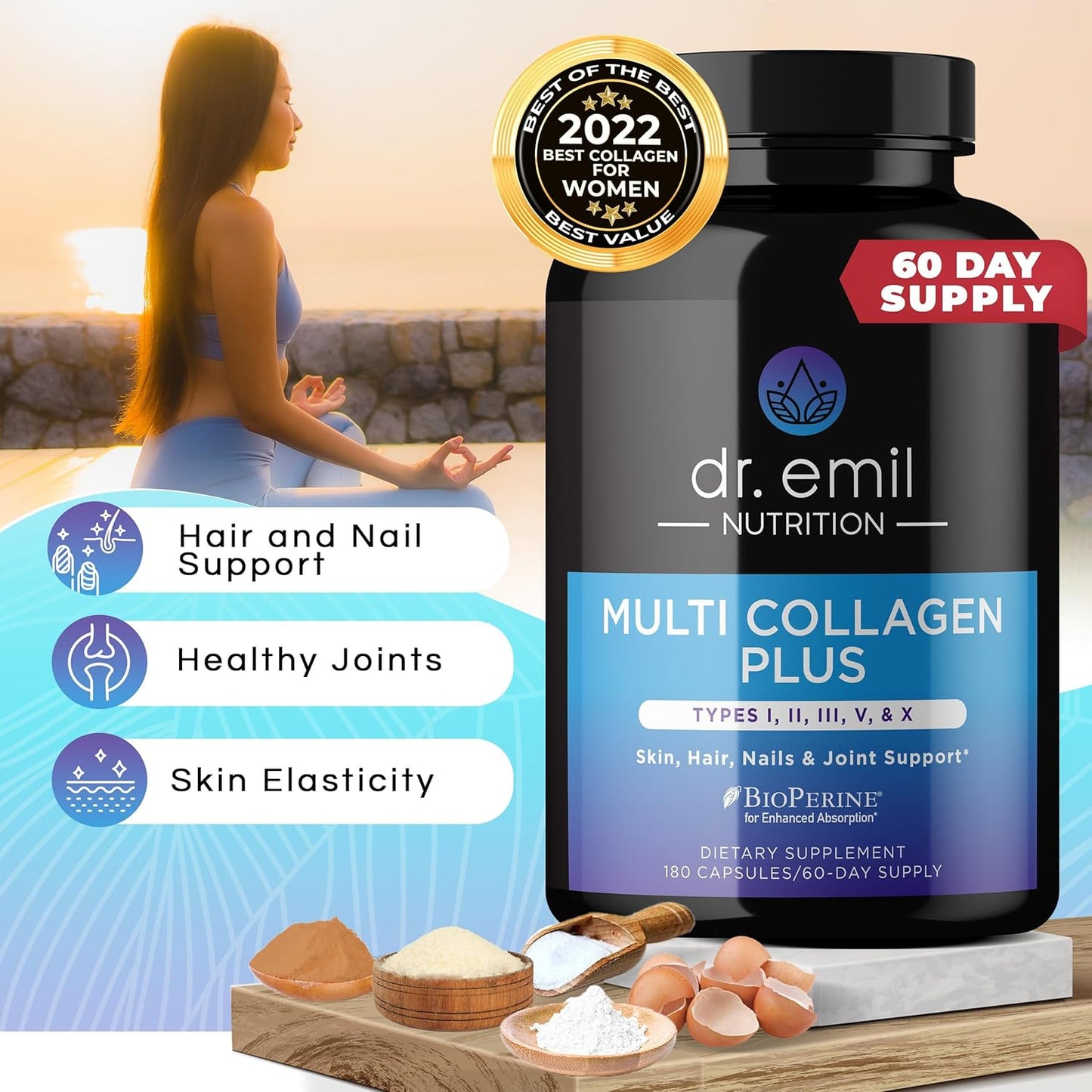 Dr. Emil Nutrition Multi Collagen Capsules - 180 Pills for Hair, Skin, Nails, & Joints - Hydrolyzed Supplements for Women