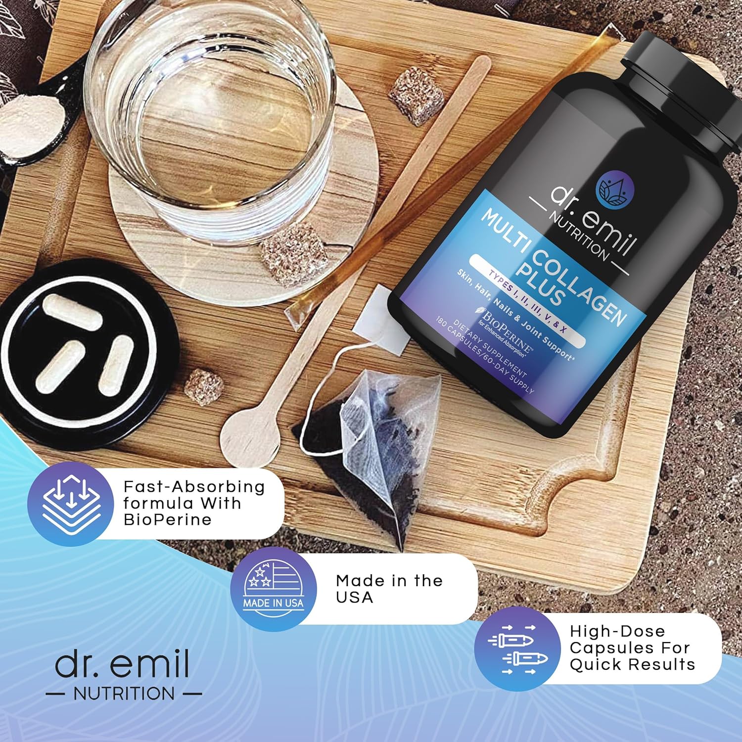 Dr. Emil Nutrition Multi Collagen Capsules - 180 Pills for Hair, Skin, Nails, & Joints - Hydrolyzed Supplements for Women