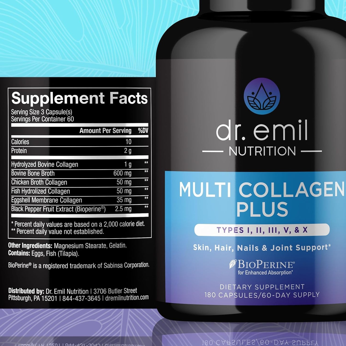 Dr. Emil Nutrition Multi Collagen Capsules - 180 Pills for Hair, Skin, Nails, & Joints - Hydrolyzed Supplements for Women