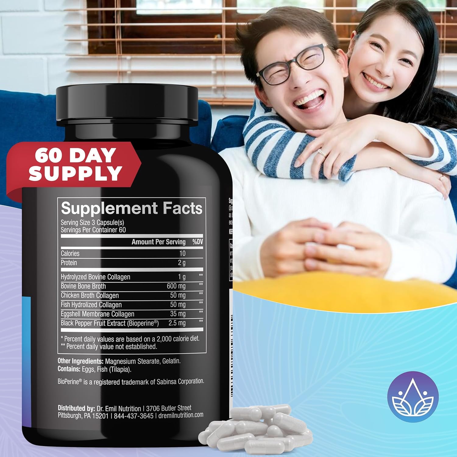 Dr. Emil Nutrition Multi Collagen Capsules - 180 Pills for Hair, Skin, Nails, & Joints - Hydrolyzed Supplements for Women