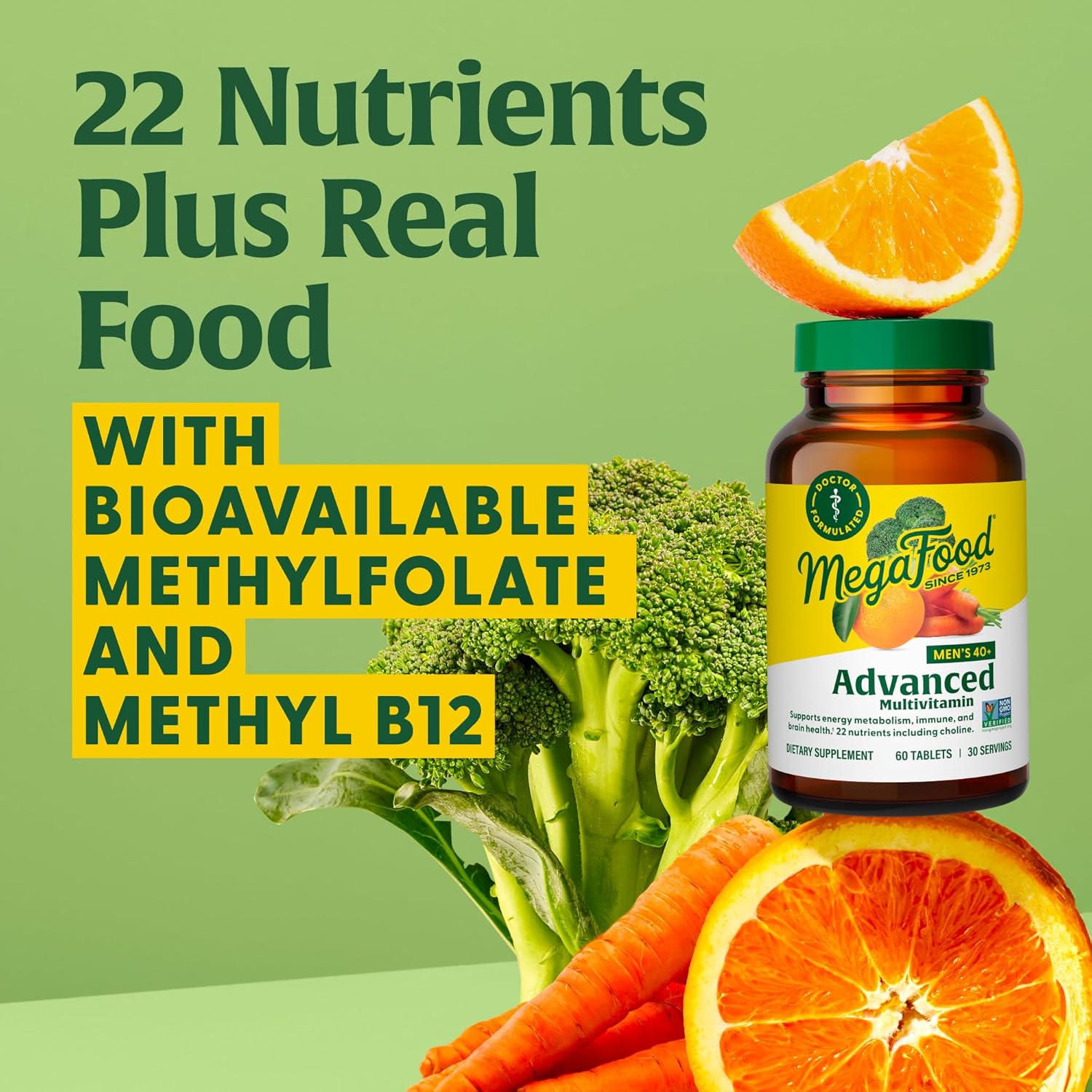 Dr-Formulated MegaFood Men's 40+ Advanced Multivitamin with Choline, Vitamin B, C, D, Zinc - Vegetarian Brain & Immune Support - 120 Tabs