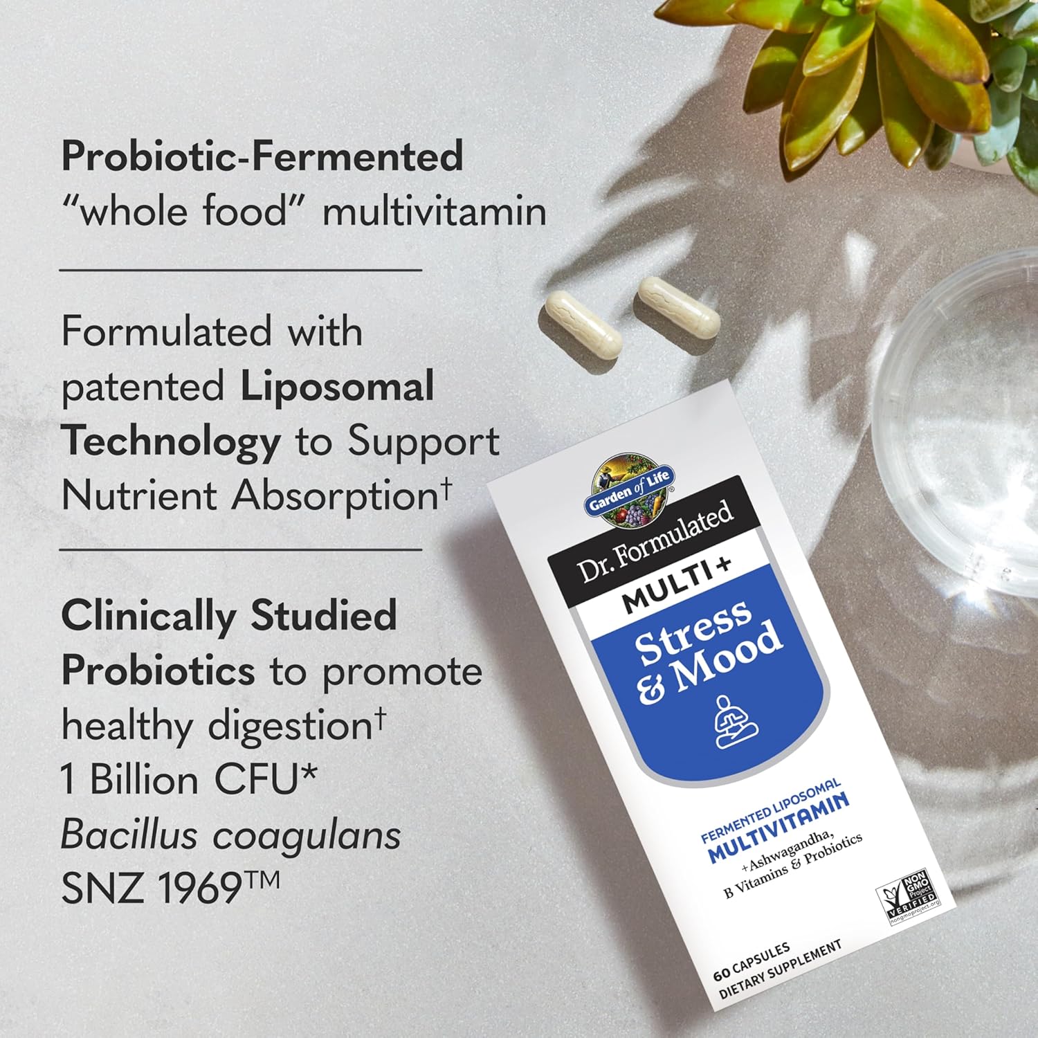 Dr. Formulated Multi+ Stress & Mood with Ashwagandha - 60 Capsules, Fermented Liposomal Multivitamin with Probiotics & B Vitamins