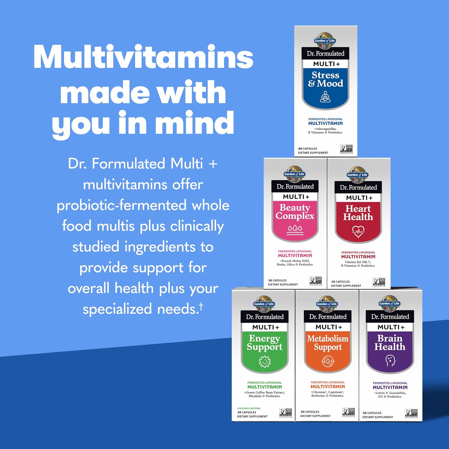 Dr. Formulated Multi+ Stress & Mood with Ashwagandha - 60 Capsules, Fermented Liposomal Multivitamin with Probiotics & B Vitamins