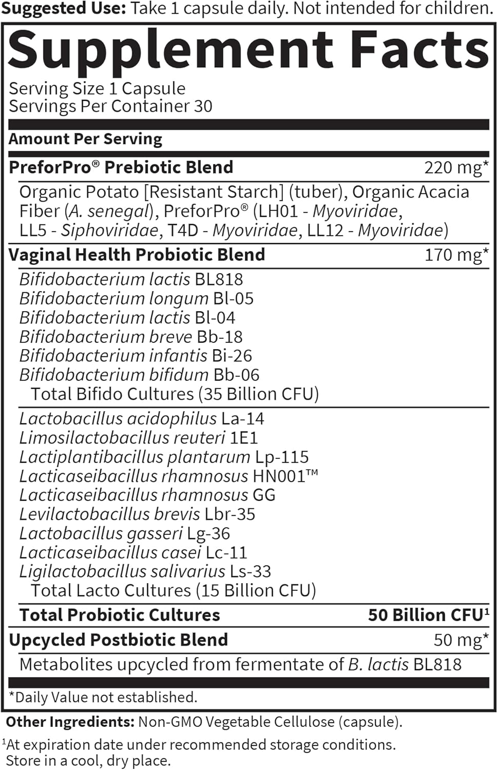 Dr. Formulated Women's pH Probiotics 50 Billion CFU - Digestive, Immune, and Vaginal Support - 30 Vegetarian Capsules