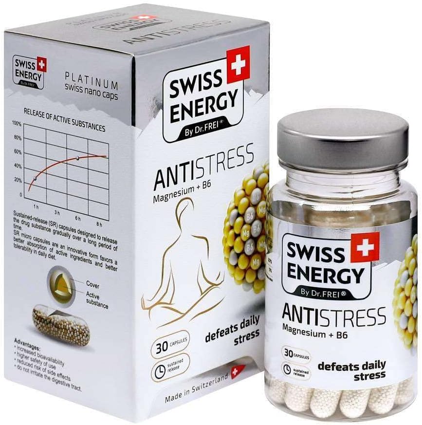 Dr. Frei Swiss Energy ANTISTRESS Magnesium and B6 Vitamin Complex - 30 Sustained-Release Capsules for Stress Relief