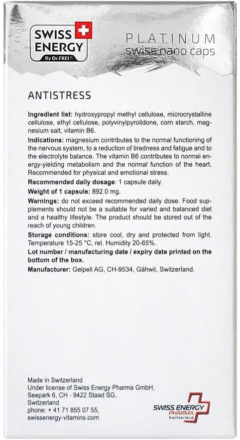 Dr. Frei Swiss Energy ANTISTRESS Magnesium and B6 Vitamin Complex - 30 Sustained-Release Capsules for Stress Relief