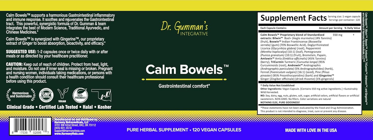 Dr. Gumman's Harmony Nutraceuticals Calm Bowels - Maximum Bioavailable Gastrointestinal Comfort Supplement (120 Vegan Capsules)