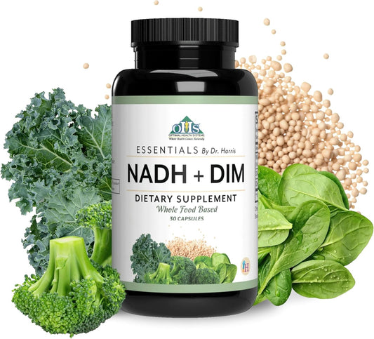 Dr. Harris Essentials NADH + DIM Supplement for Energy and Neurotransmitter Health - Plant-Based Formula for Mental Clarity, Concentration, and Memory Boost - 30 Capsules