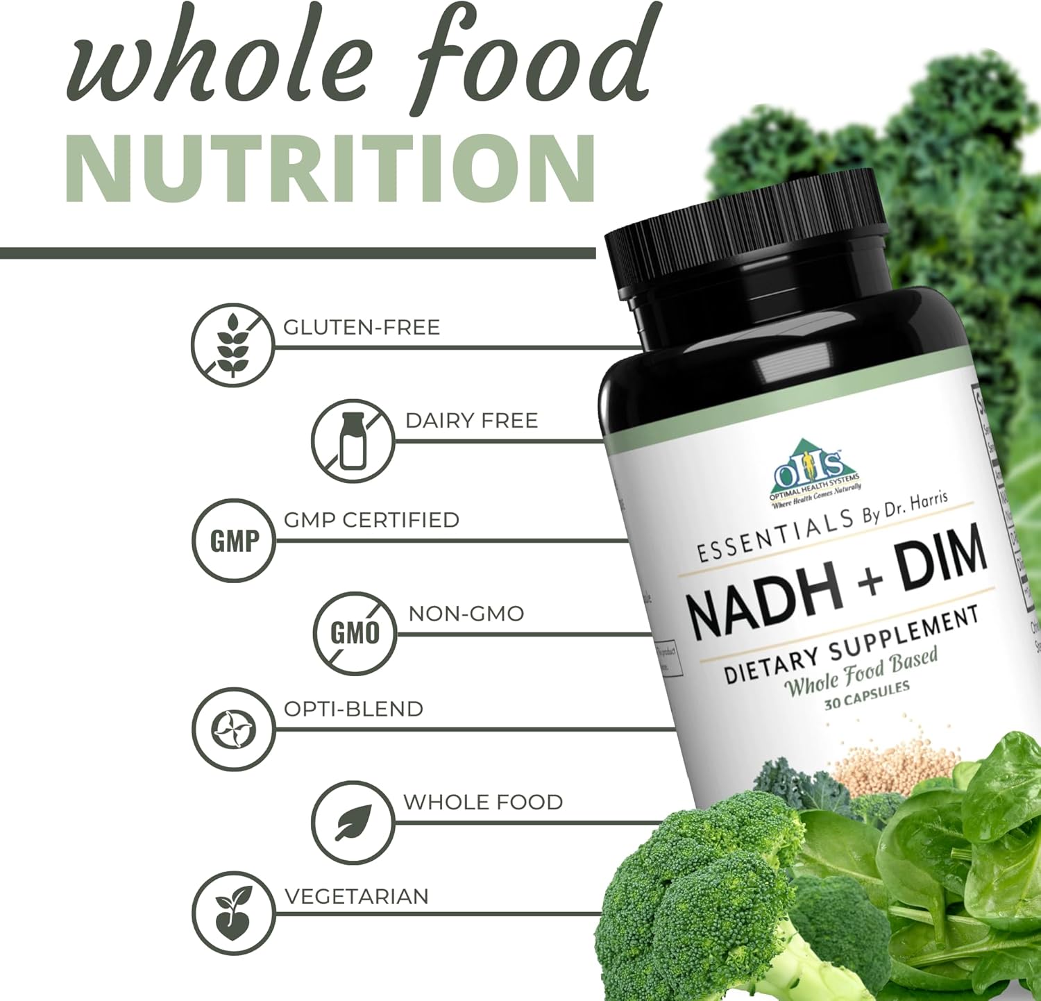 Dr. Harris Essentials NADH + DIM Supplement for Energy and Neurotransmitter Health - Plant-Based Formula for Mental Clarity, Concentration, and Memory Boost - 30 Capsules