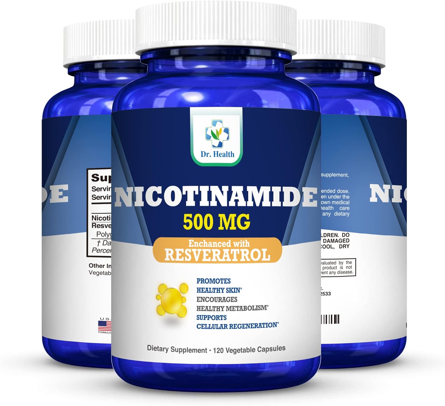 DR. HEALTH Nicotinamide 500mg with Resveratrol 100mg 120 Veggie Capsules - Antioxidant All Natural Dietary Supplement for Cellular Health and Energy