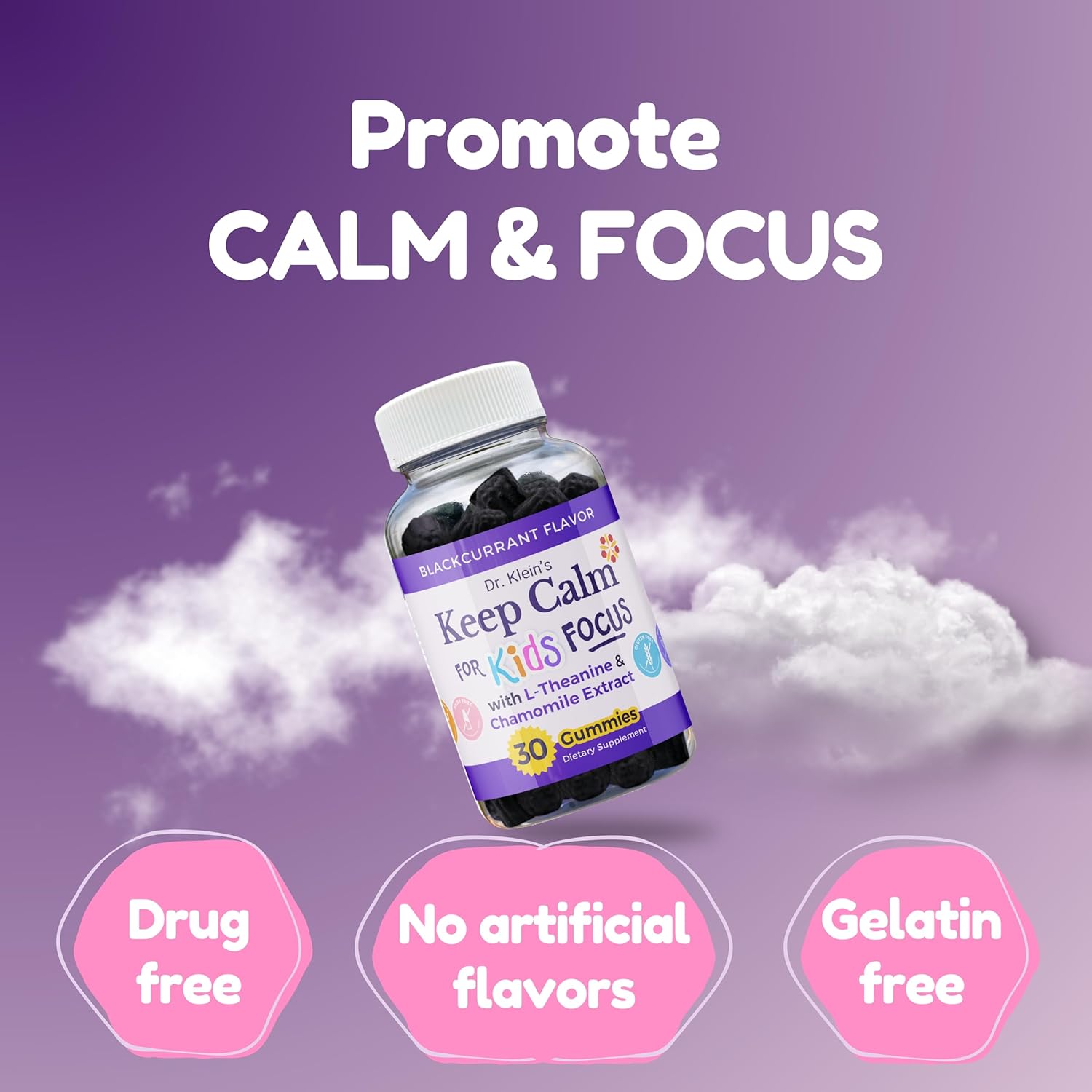 Dr. Klein's Calming Kids Gummies with L-Theanine & Chamomile Extract - Supports Focus and Alertness in Kids Ages 5+ - Sugar-Free Vitamins for Kids - 30ct