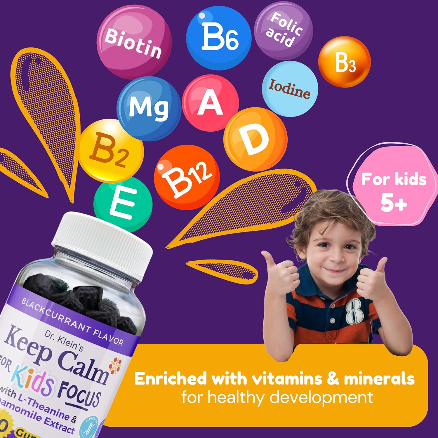 Dr. Klein's Calming Kids Gummies with L-Theanine & Chamomile Extract - Supports Focus and Alertness in Kids Ages 5+ - Sugar-Free Vitamins for Kids - 30ct