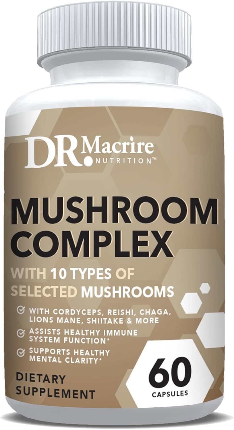 Dr. Macrire Mushroom Complex Capsules - Lions Mane, Reishi, Chaga, Cordyceps, Maitake, Shiitake - 60 Count for Focus, Memory, Energy, Immune Support
