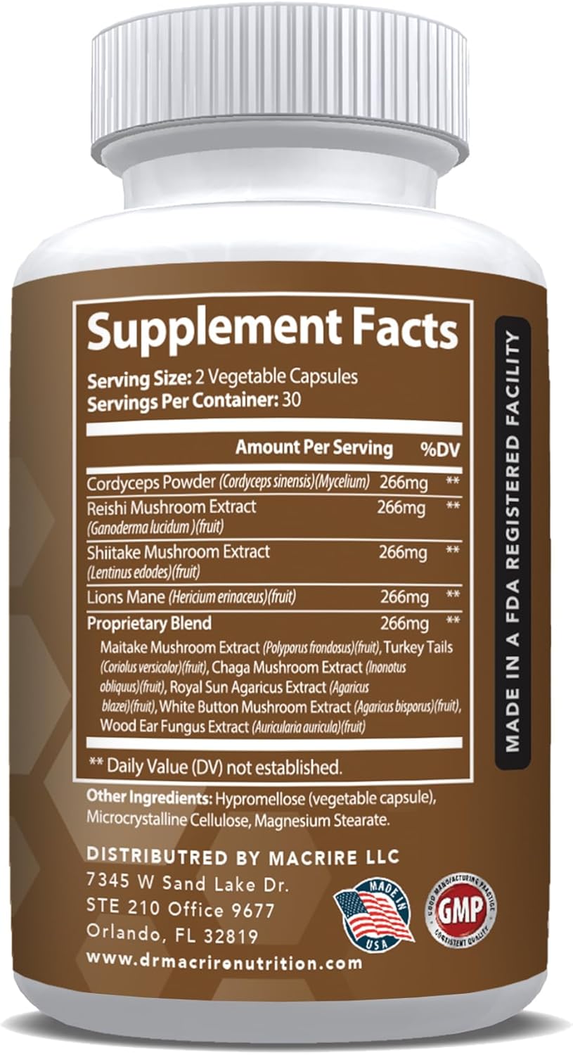 Dr. Macrire Mushroom Complex Capsules - Lions Mane, Reishi, Chaga, Cordyceps, Maitake, Shiitake - 60 Count for Focus, Memory, Energy, Immune Support