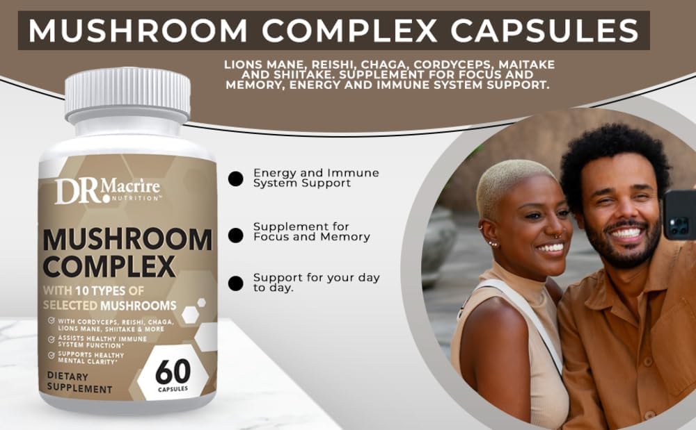 Dr. Macrire Mushroom Complex Capsules - Lions Mane, Reishi, Chaga, Cordyceps, Maitake, Shiitake - 60 Count for Focus, Memory, Energy, Immune Support