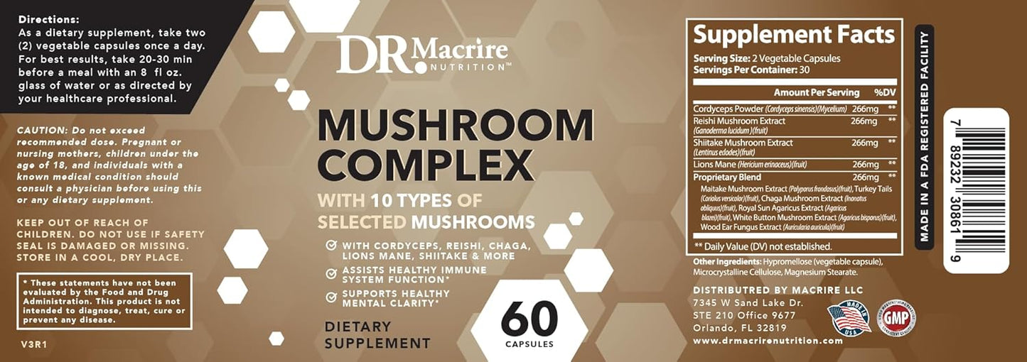 Dr. Macrire Mushroom Complex Capsules - Lions Mane, Reishi, Chaga, Cordyceps, Maitake, Shiitake - 60 Count for Focus, Memory, Energy, Immune Support