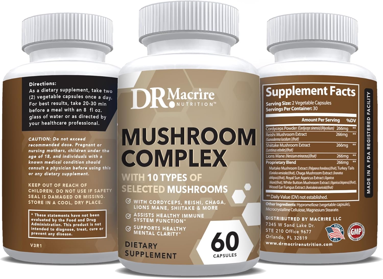 Dr. Macrire Mushroom Complex Capsules - Lions Mane, Reishi, Chaga, Cordyceps, Maitake, Shiitake - 60 Count for Focus, Memory, Energy, Immune Support