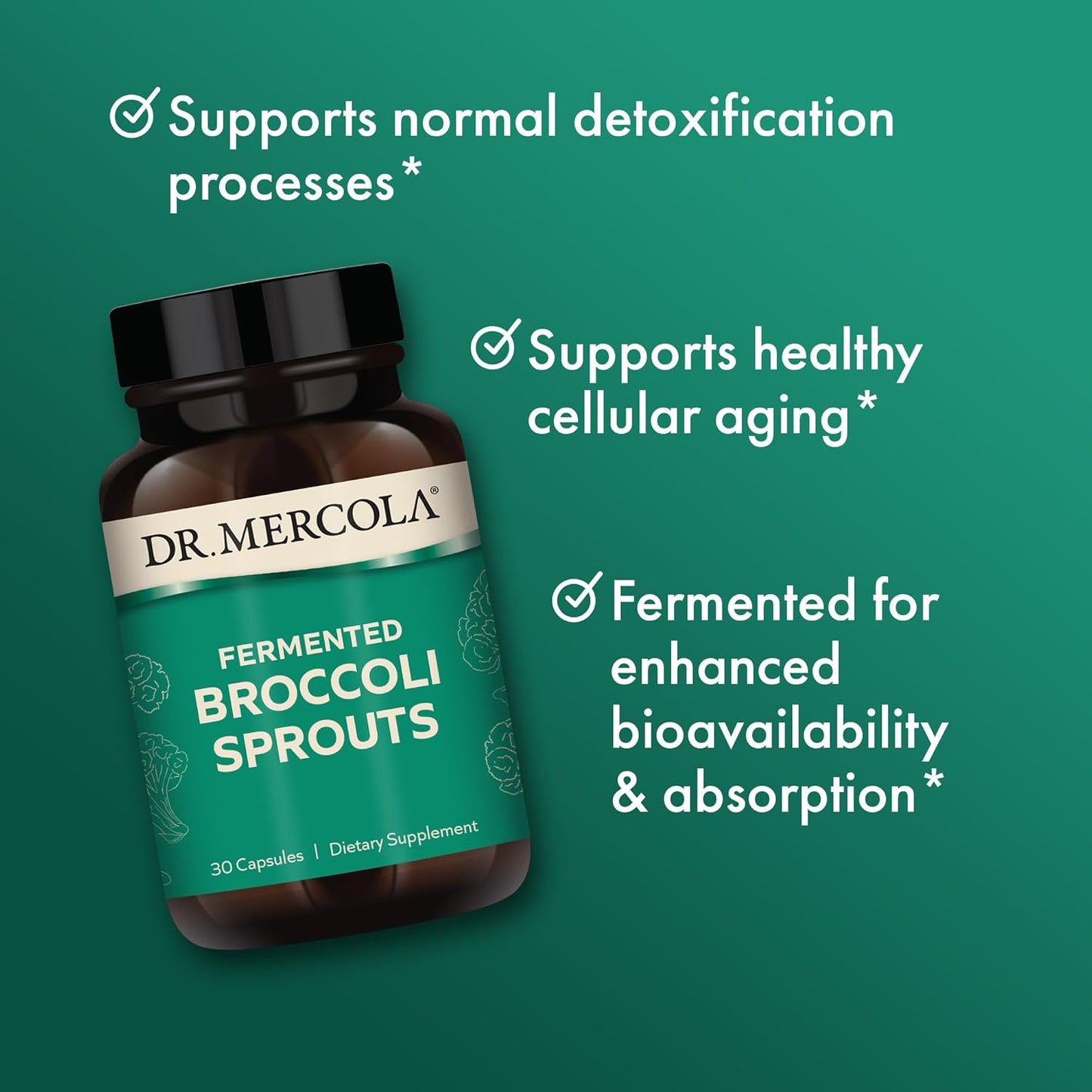 Dr. Mercola Fermented Broccoli Sprouts Capsules - 30 Servings - Dietary Supplement for Detox Support - Non-GMO Fermented Nutrients