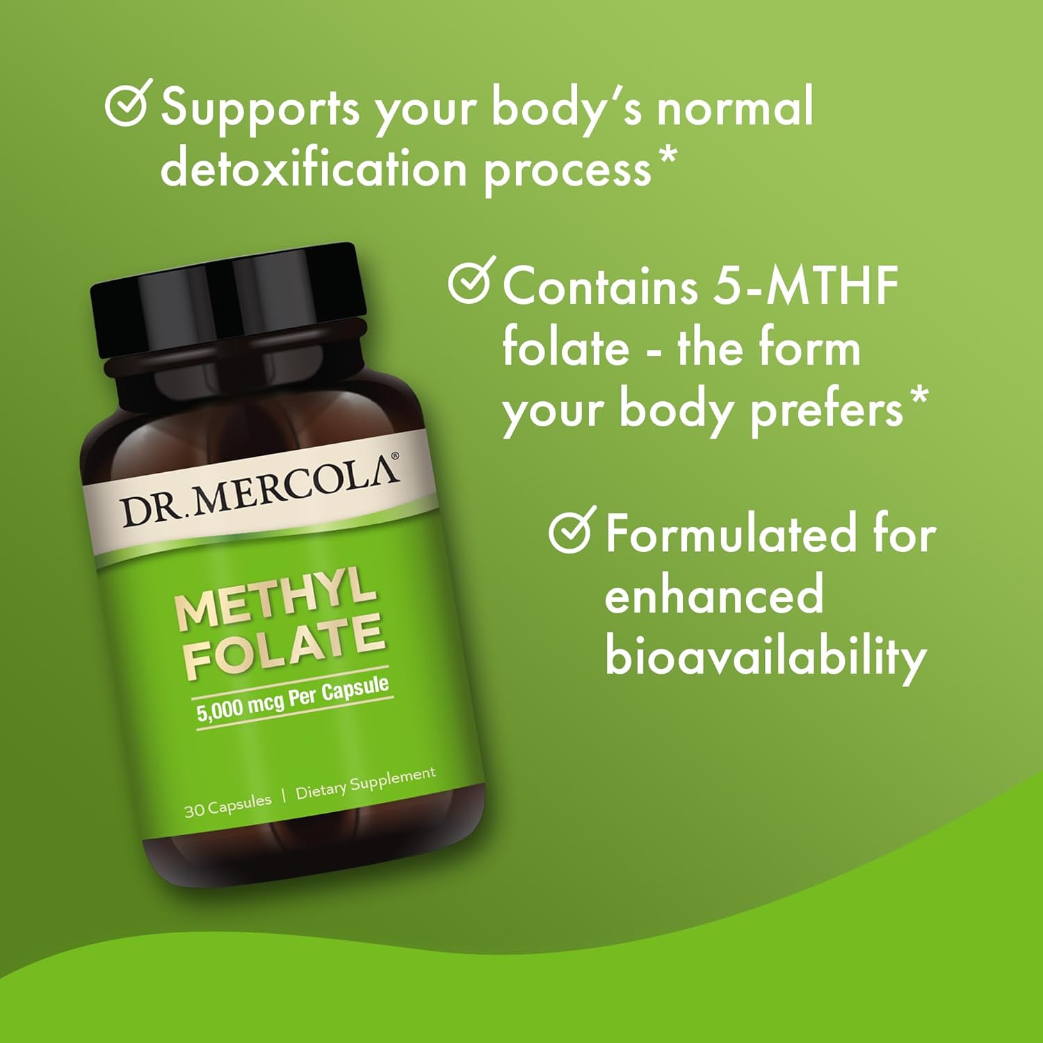 Dr. Mercola Methyl Folate Dietary Supplement - 30 Capsules, Non-GMO, Soy & Gluten Free - 30 Servings