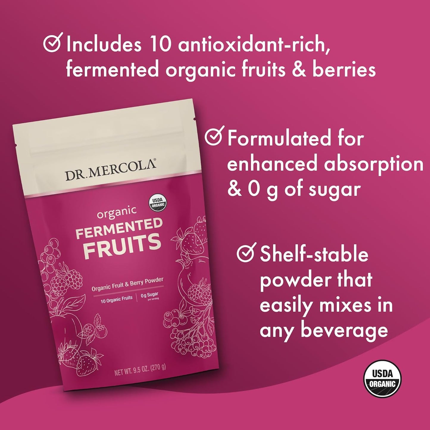 Dr. Mercola Organic Fermented Fruits 9.5 oz - 90 Servings - Certified Organic, Non GMO, Soy & Gluten Free - USDA Organic Compliant