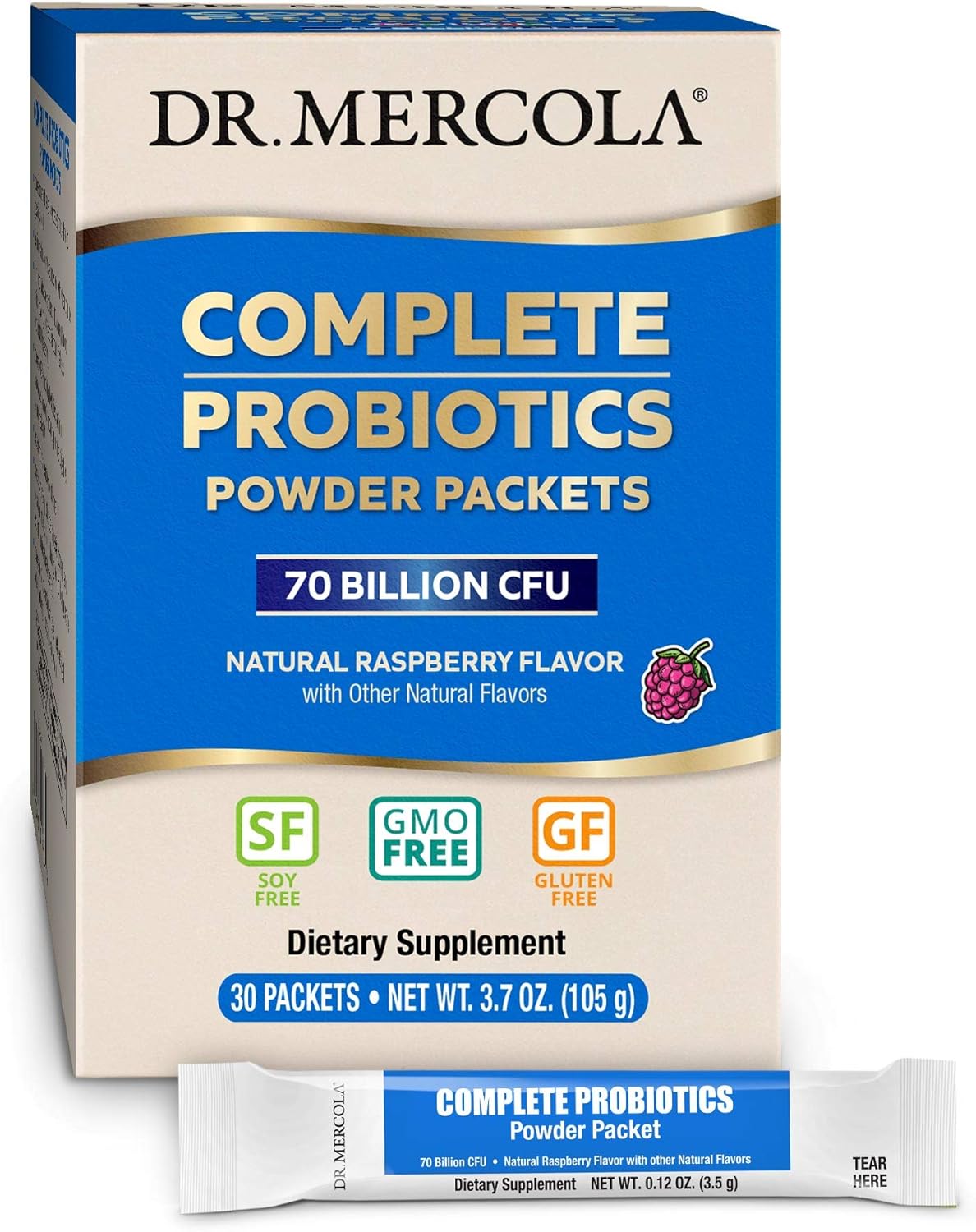 Dr. Mercola Probiotic Powder Packets - 30 Servings, 70 Billion CFU, Raspberry Flavor - Digestive & Immune Support