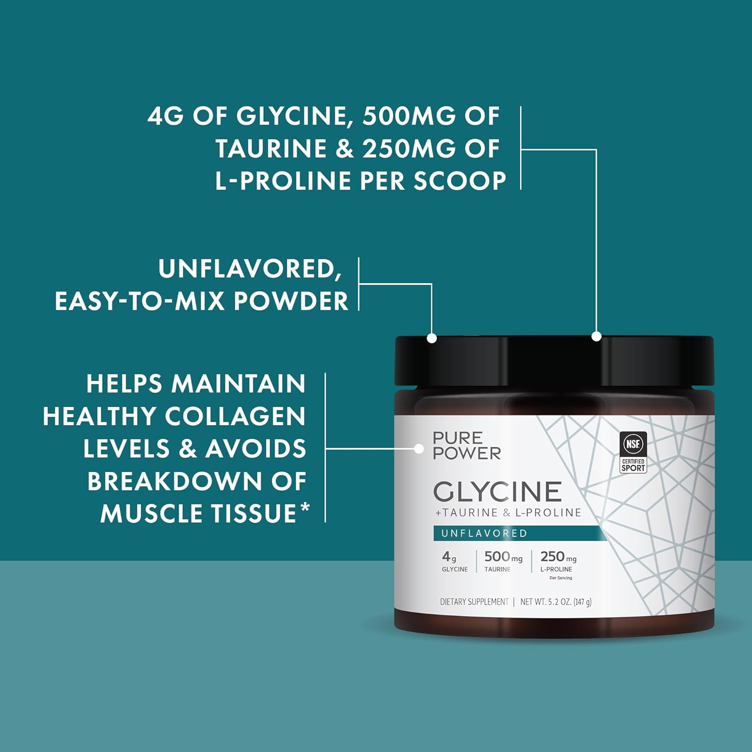 Dr. Mercola Pure Power Amino Acid Powder, Unflavored, 5.2 oz (147 g), 30 Servings - 4g Glycine, 500mg Taurine, 250mg L-Proline, Non-GMO, NSF Certified