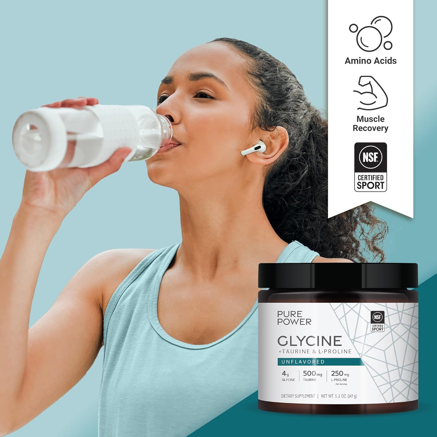 Dr. Mercola Pure Power Amino Acid Powder, Unflavored, 5.2 oz (147 g), 30 Servings - 4g Glycine, 500mg Taurine, 250mg L-Proline, Non-GMO, NSF Certified