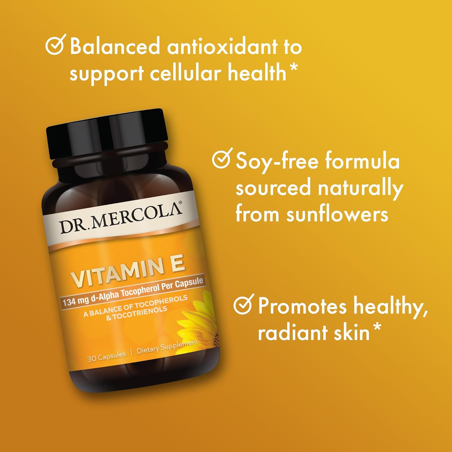 Dr. Mercola Vitamin E Capsules - 30 Servings, 134mg Per Capsule, Non-GMO Dietary Supplement for Healthy Skin