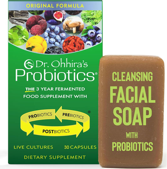 Dr. Ohhira's Probiotics Original Formula 30 Caps + Probiotic-Enhanced Beauty Bar Soap - Travel Size - No Refrigeration - 13 Strains - Men and Women Supplement