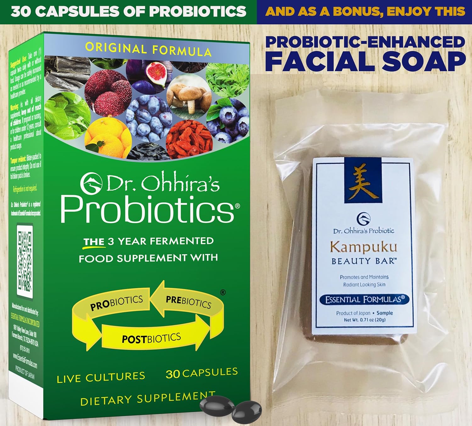 Dr. Ohhira's Probiotics Original Formula 30 Caps + Probiotic-Enhanced Beauty Bar Soap - Travel Size - No Refrigeration - 13 Strains - Men and Women Supplement