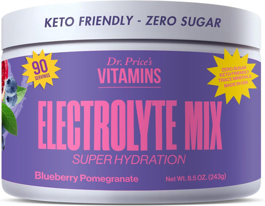 Dr. Price Electrolytes Powder: Sugar-Free Hydration Drink, Keto & Fasting Electrolytes, Non-GMO Sports Drink - Blueberry-Pomegranate Flavor - 90 Servings