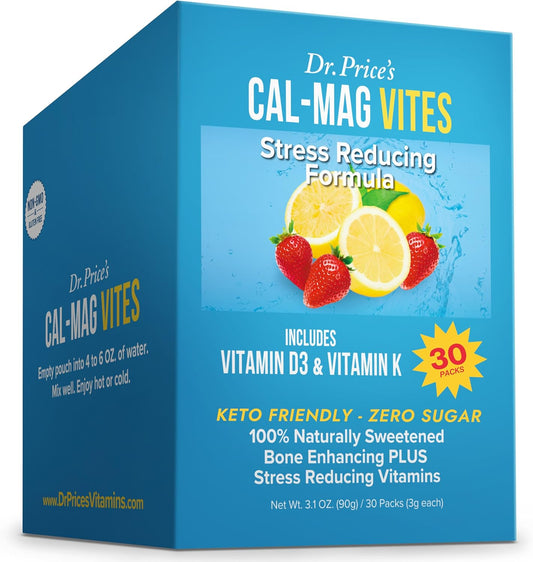 Dr. Price's Cal-Mag Vites Powder - Natural Stress Relief Drink with Calcium, Magnesium, Vitamin K, D | Strawberry-Lemon Flavor | 30 Packets