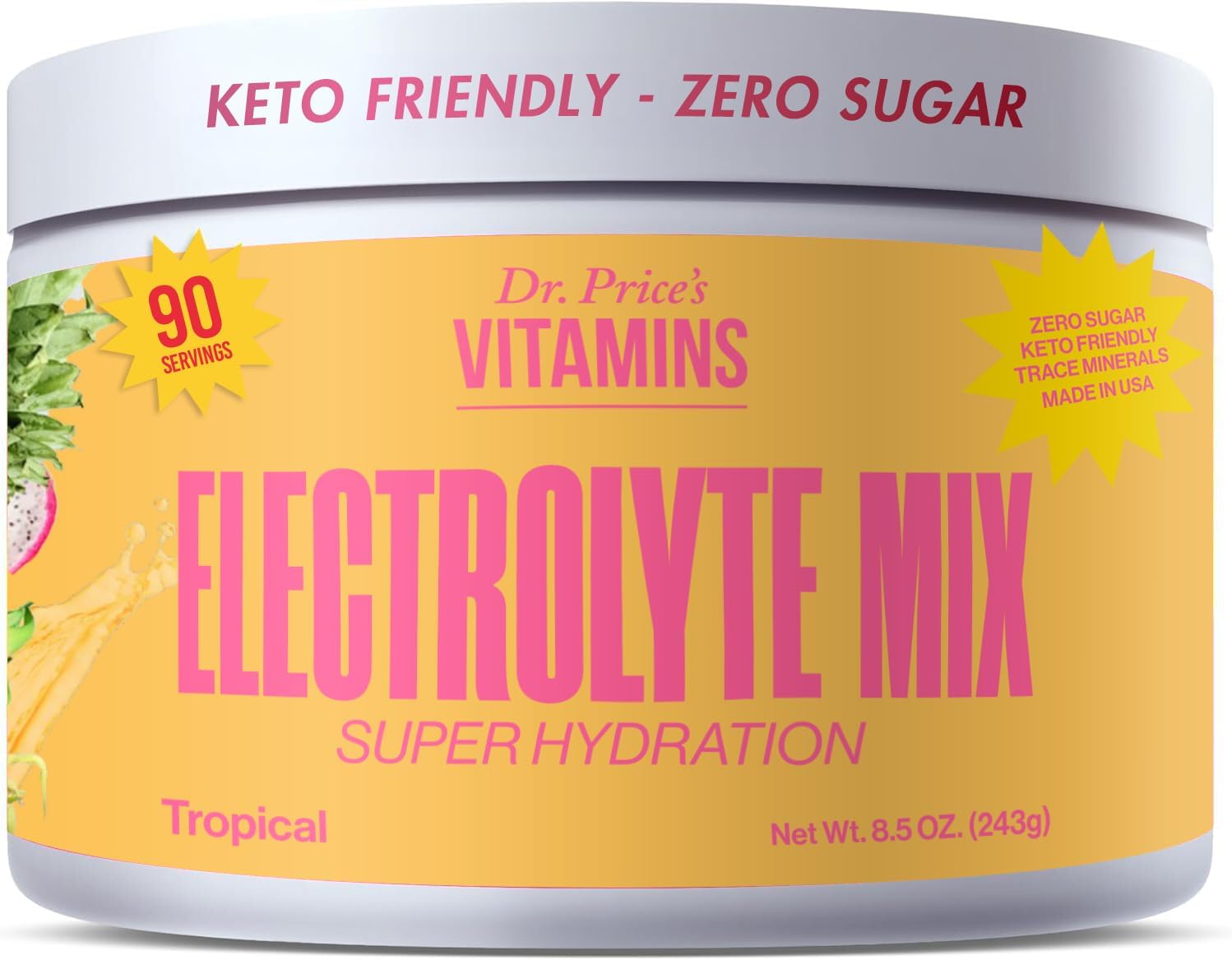 Dr. Price's Electrolyte Powder Mix - No Sugar, Keto-Friendly Hydration Drink - Non-GMO - Gluten Free - 90 Servings - Tropical Flavor